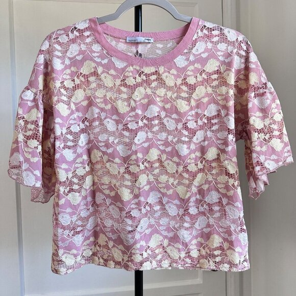Zara Pink Lace Mesh Floral Cropped Boxy Short Sleeve Top Size S - Picture 1 of 5